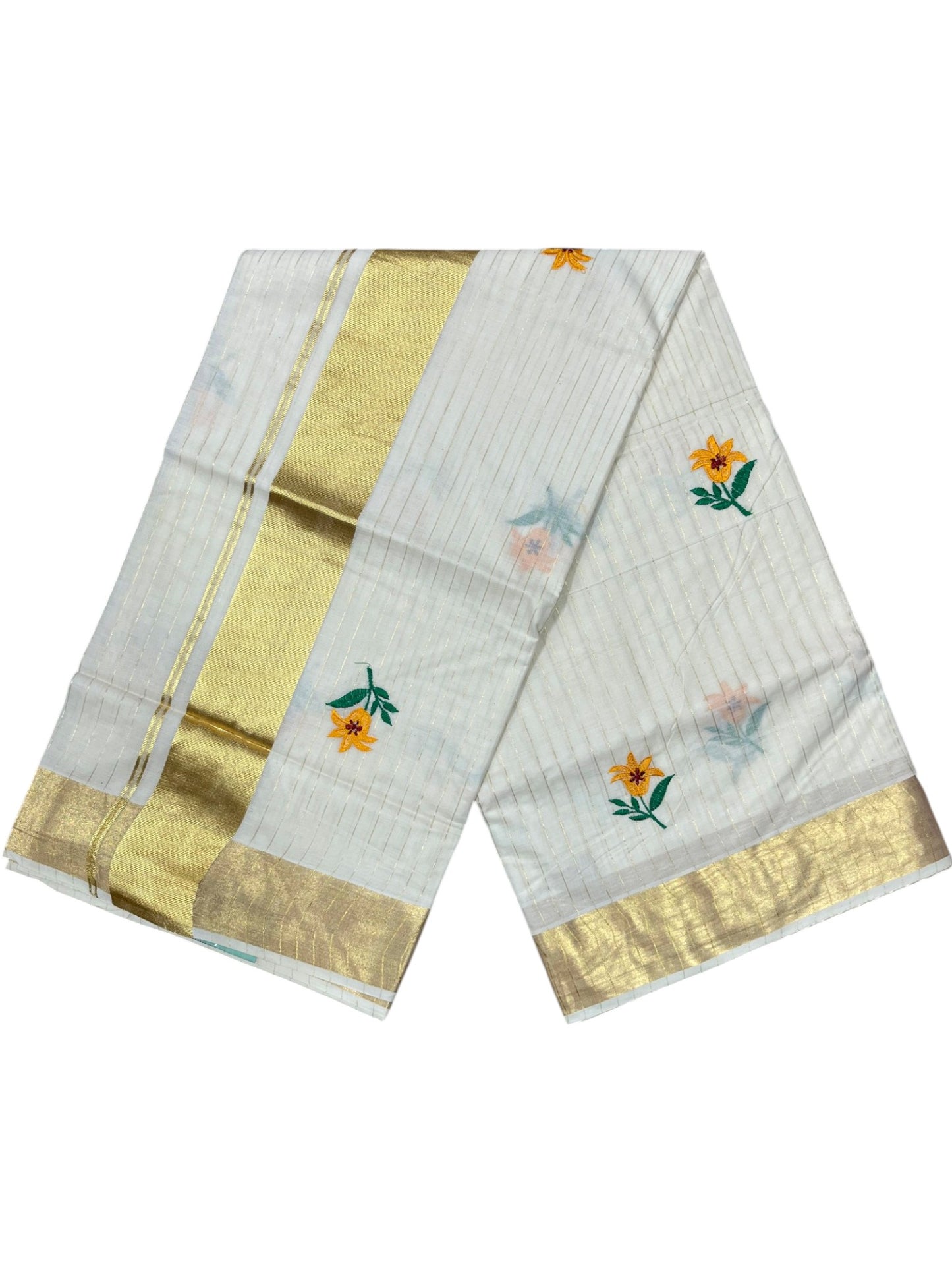 Southloom Kerala Cotton Kasavu Line Saree with Yellow Floral Embroidery Works