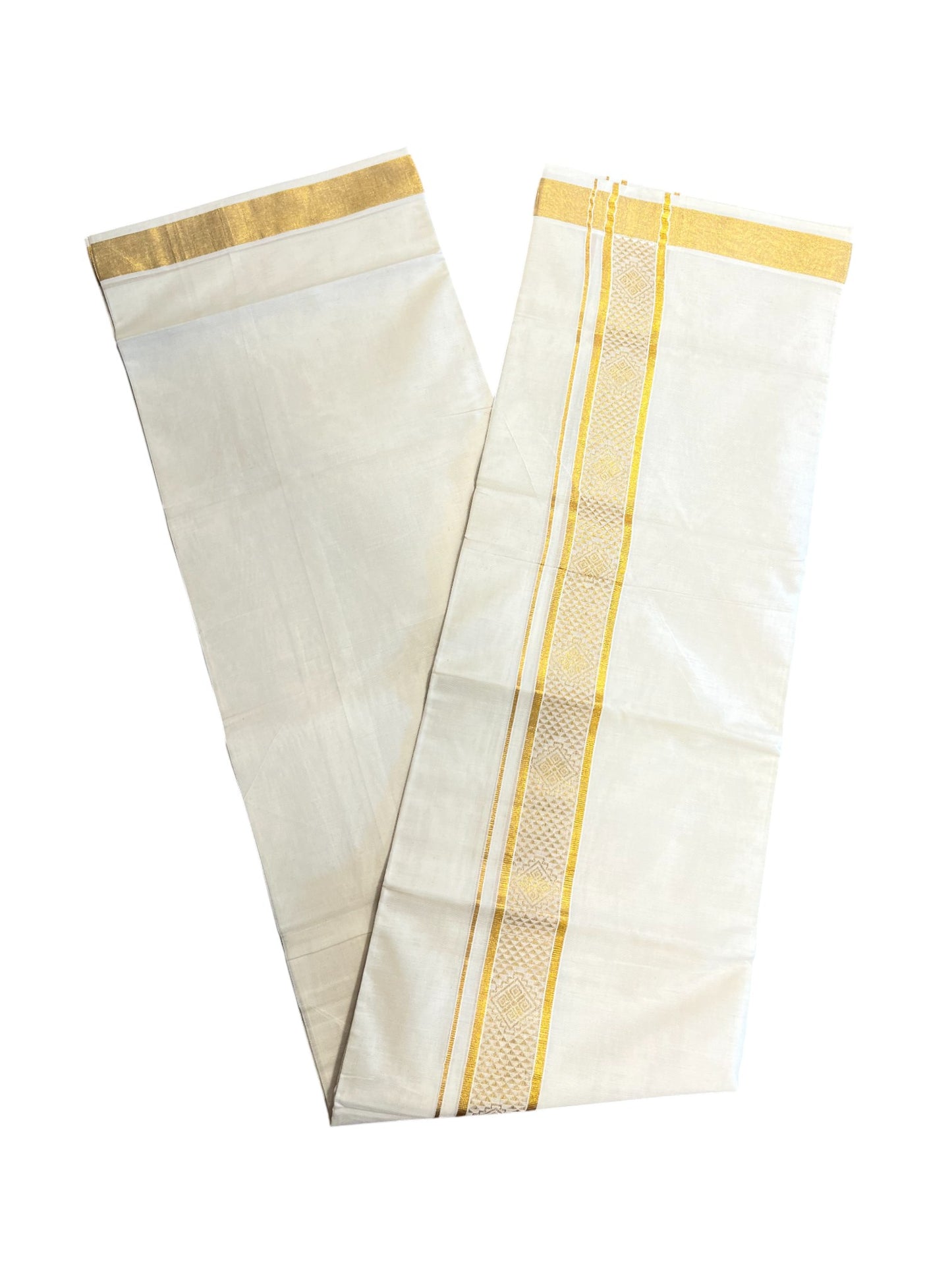 Southloom Kerala Pure Cotton Double Mundu with Gold Kasavu Border with Gold Woven Work (South Indian Dhoti)
