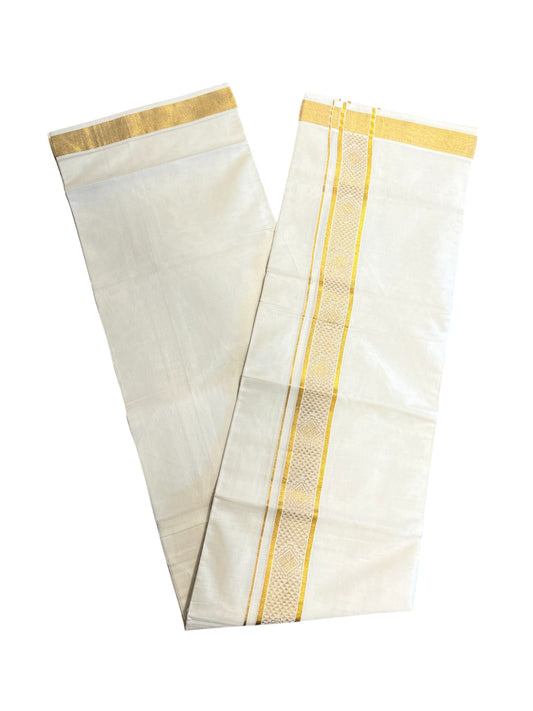 Southloom Kerala Pure Cotton Double Mundu with Gold Kasavu Border with Gold Woven Work (South Indian Dhoti)