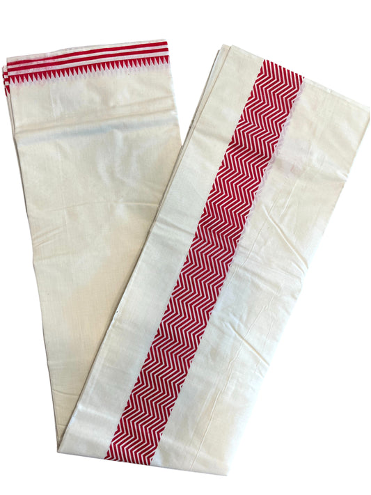 Southloom Pure Cotton Double Mundu with Block Prints on Red Kara (South Indian Kerala Dhoti)