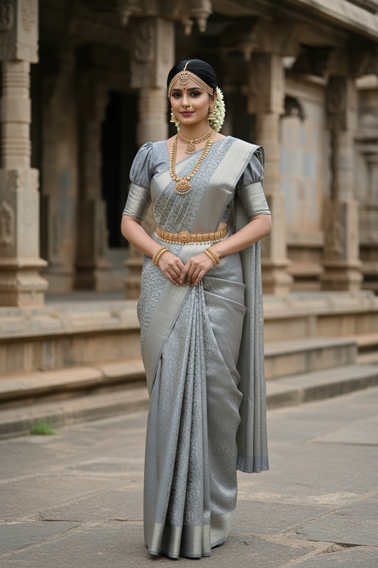 Southloom Brocade Silk Saree with Silver Zari Work in Grey Pastel Shade