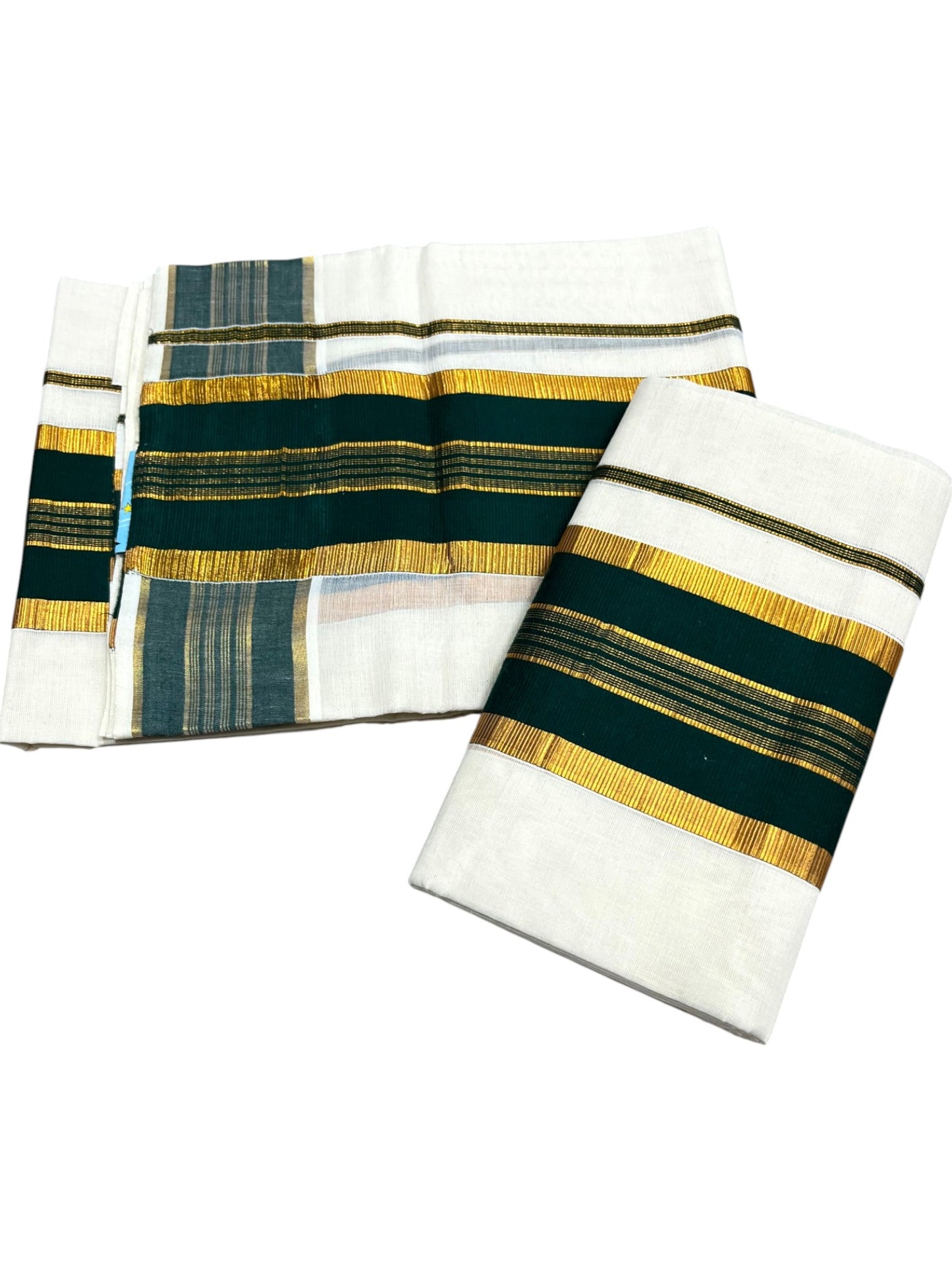 Kerala Cotton Set Mundu (Mundum Neriyathum) with Kasavu and Green Border in 2.80 Mtrs SLKK SL470
