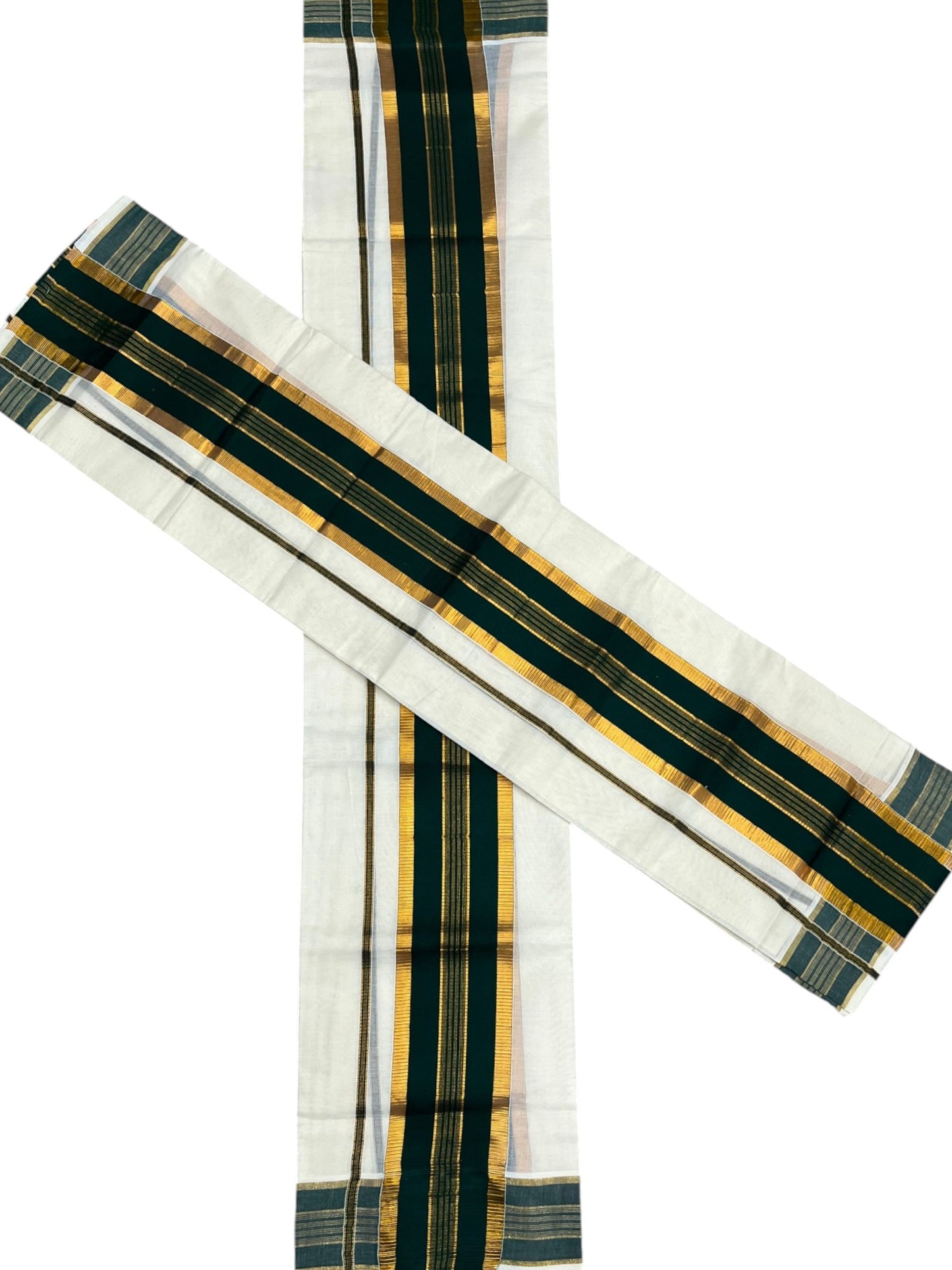 Kerala Cotton Set Mundu (Mundum Neriyathum) with Kasavu and Green Border in 2.80 Mtrs SLKK SL470