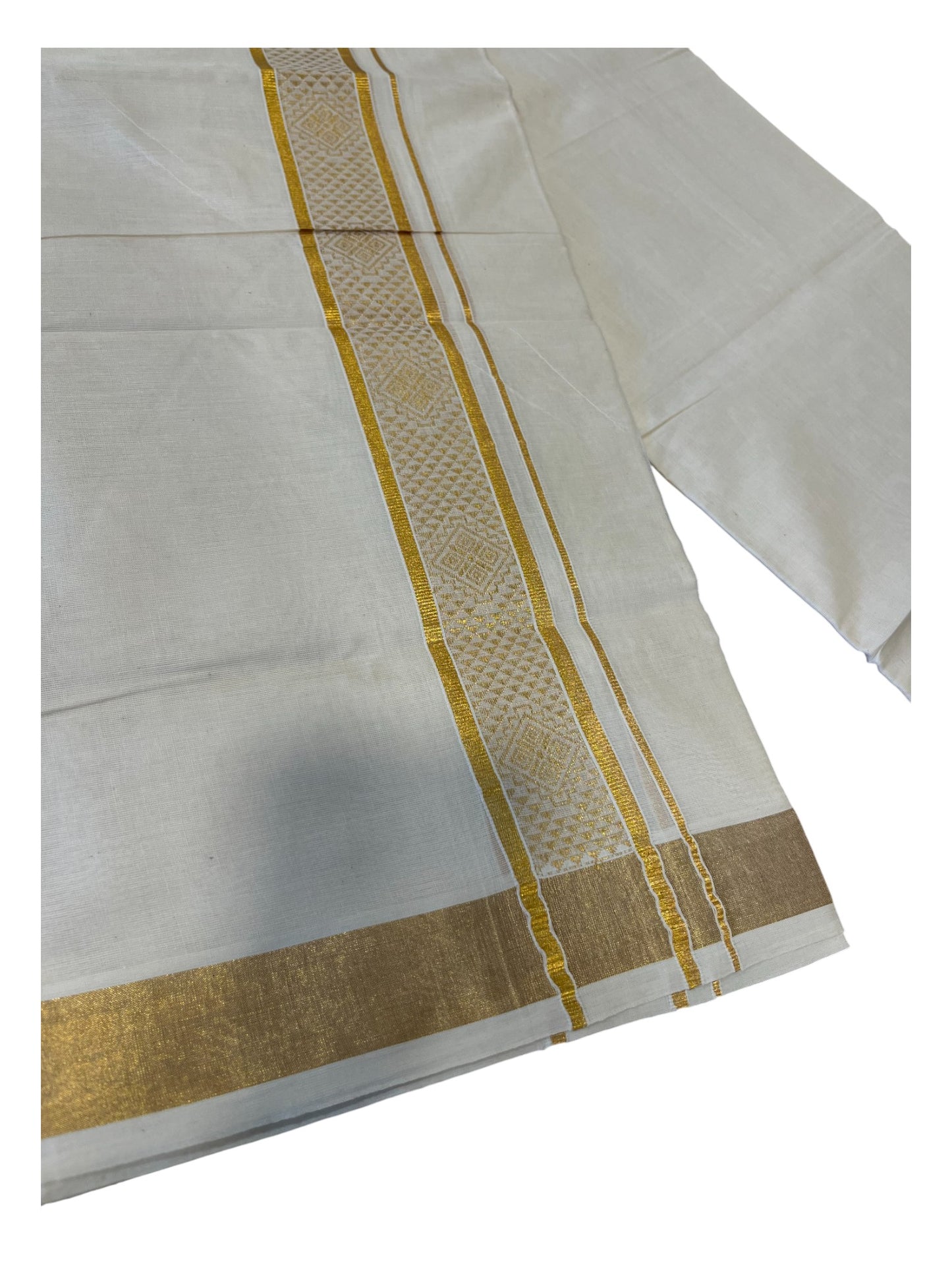 Southloom Kerala Pure Cotton Double Mundu with Gold Kasavu Border with Gold Woven Work (South Indian Dhoti)