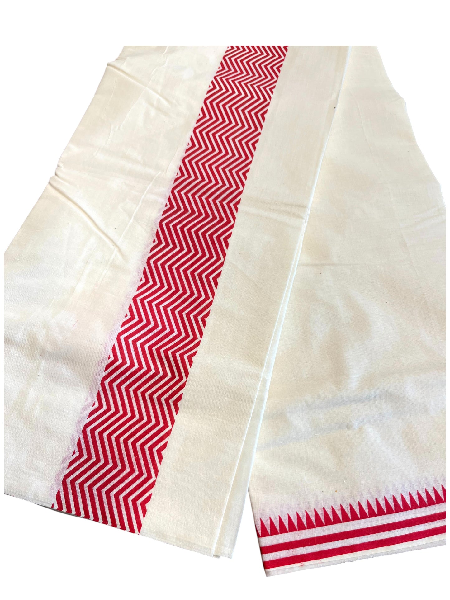 Southloom Pure Cotton Double Mundu with Block Prints on Red Kara (South Indian Kerala Dhoti)