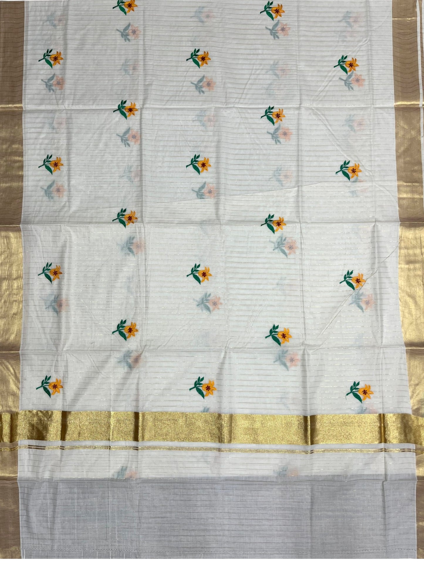 Southloom Kerala Cotton Kasavu Line Saree with Yellow Floral Embroidery Works