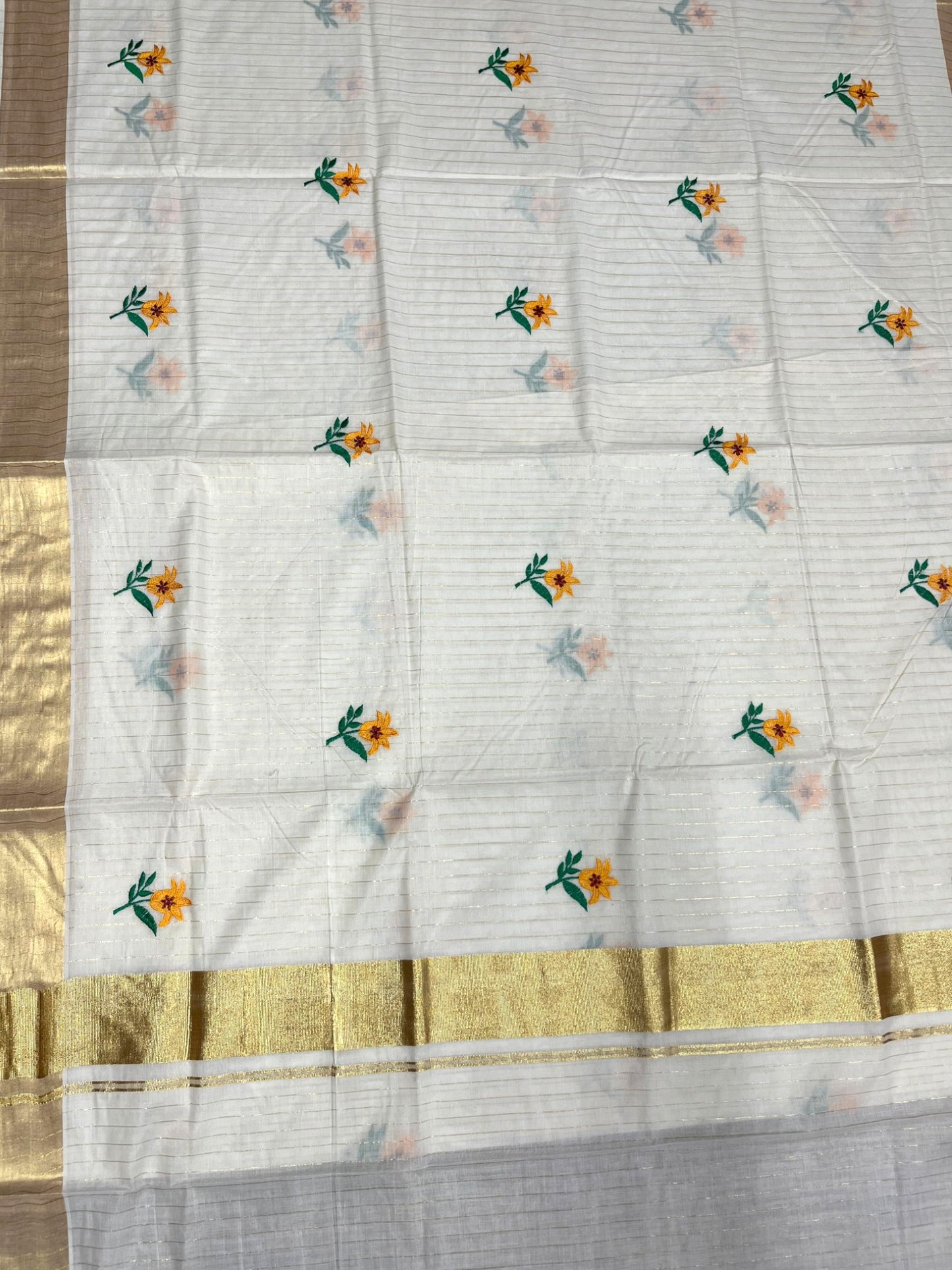 Southloom Kerala Cotton Kasavu Line Saree with Yellow Floral Embroidery Works