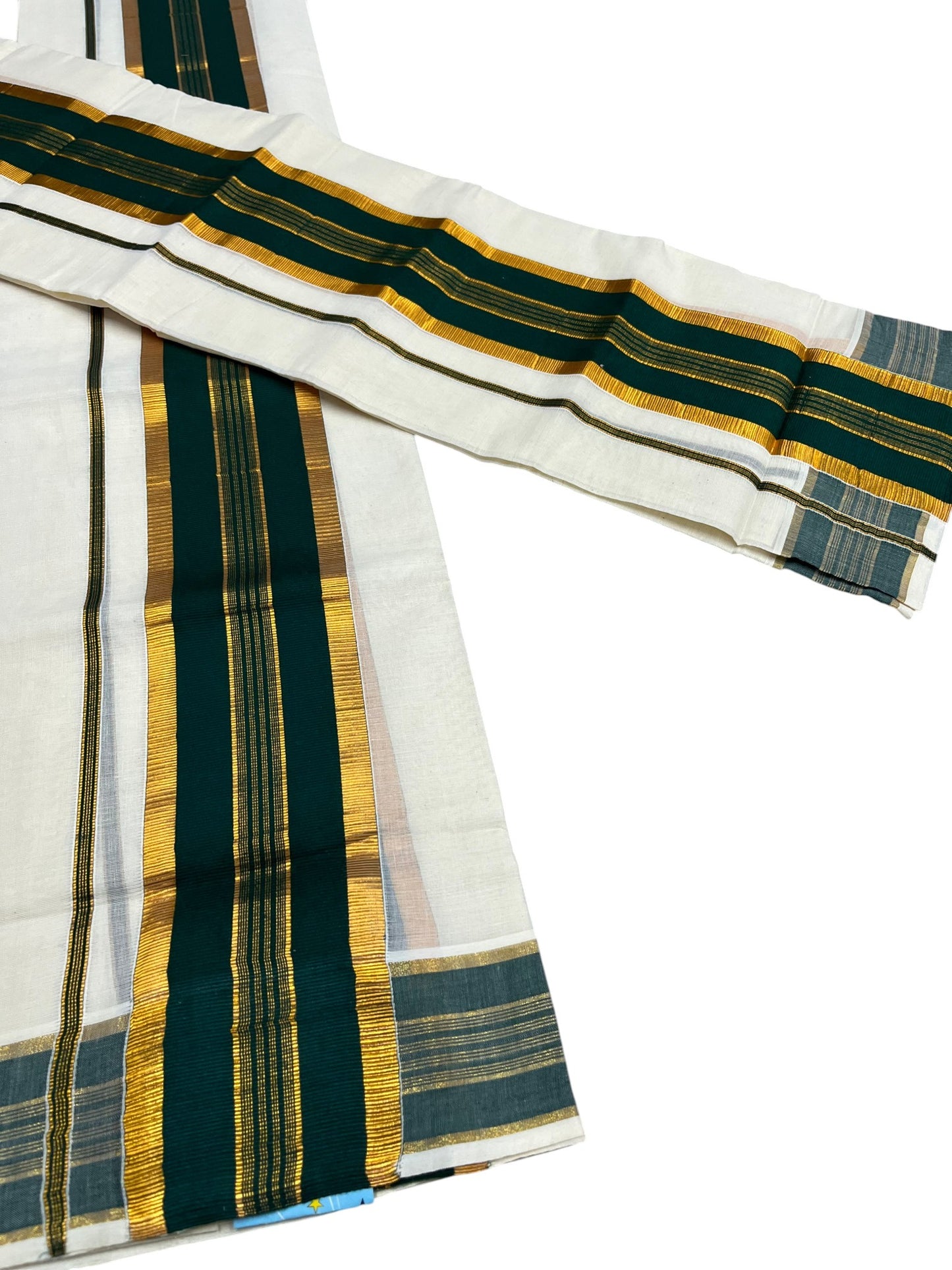 Kerala Cotton Set Mundu (Mundum Neriyathum) with Kasavu and Green Border in 2.80 Mtrs SLKK SL470