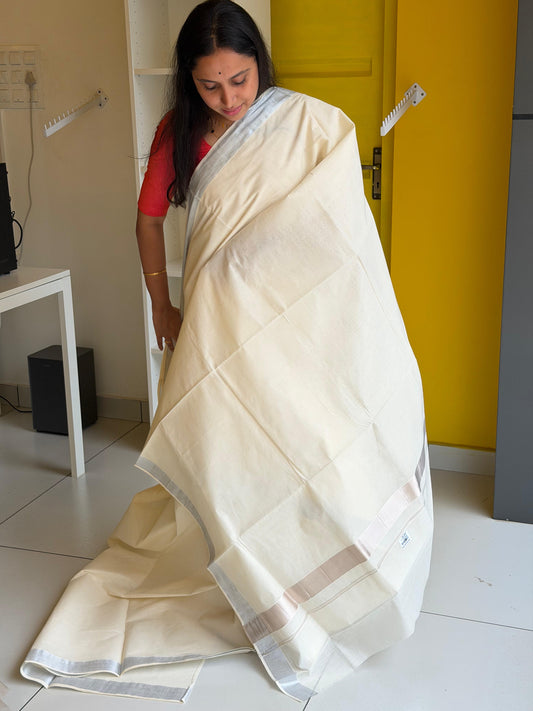 Kerala Plain Cotton Silver Kasavu 1 inch Saree SL153