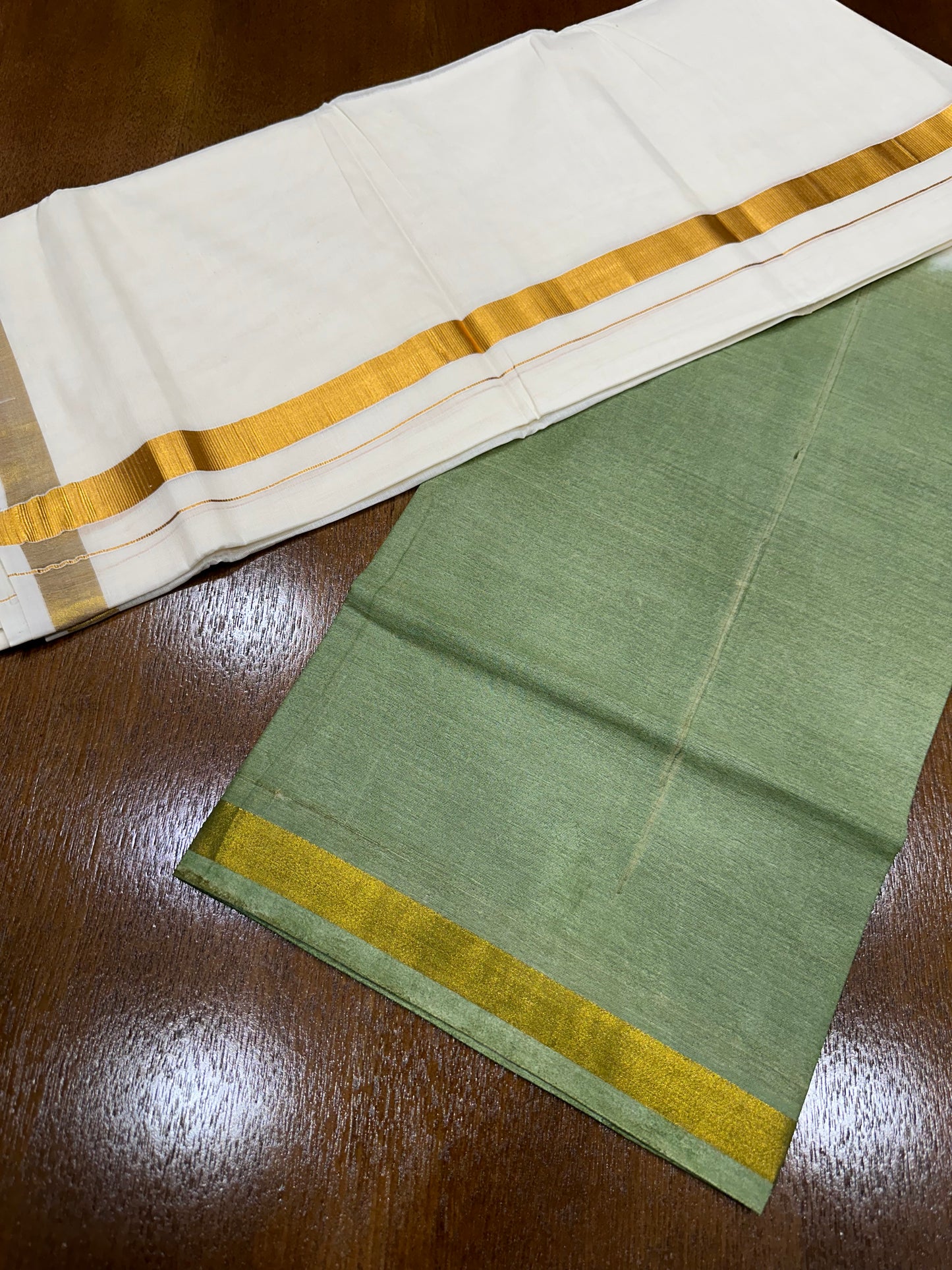 Southloom Tie & Dye - Half & Half  Multi Colour Olive Green Design Cotton Kerala Double Mundu with Kasavu Border (South Indian Kerala Dhoti)