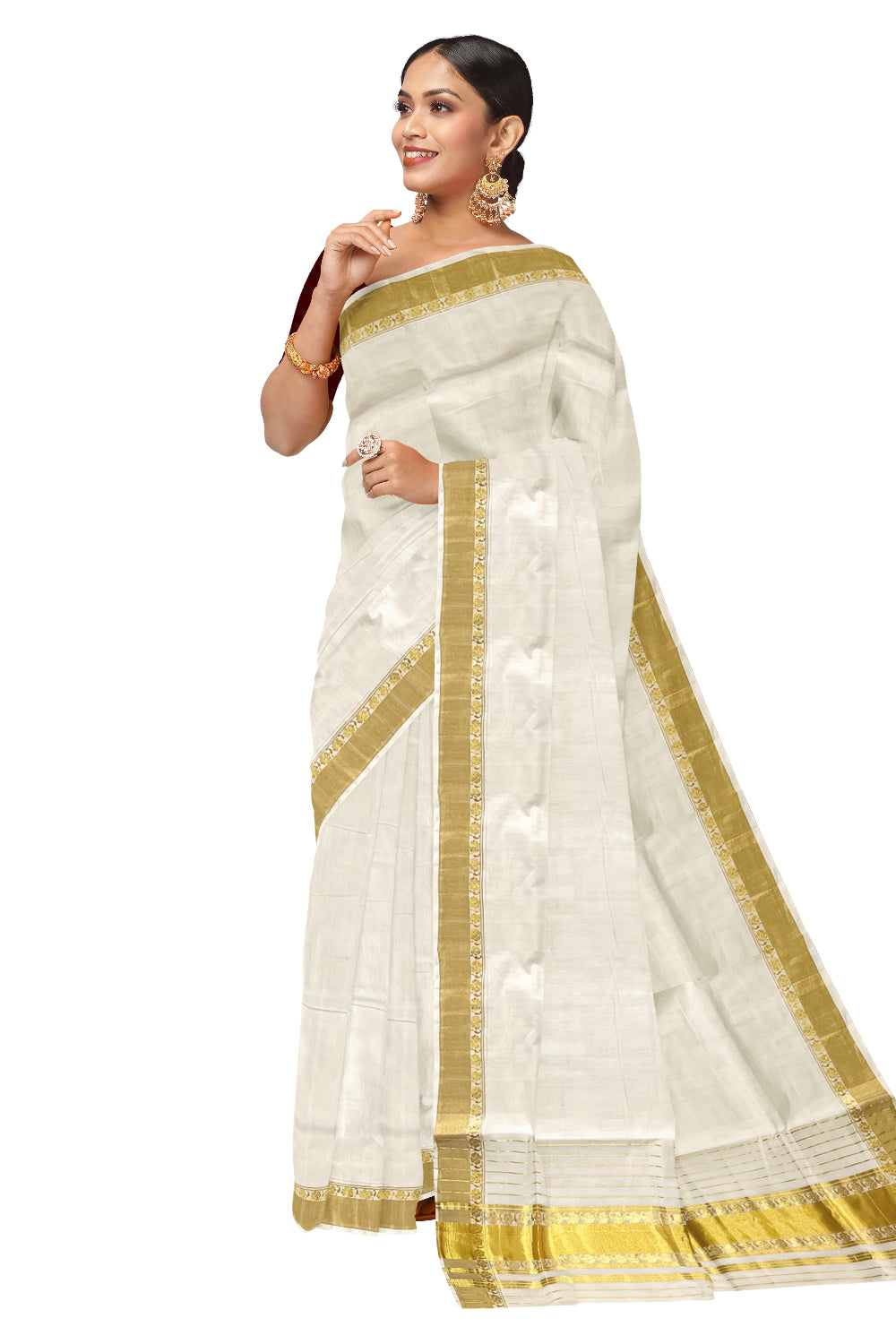 Southloom Handloom Premium Kerala Cotton Saree with Kasavu Floral Woven Border