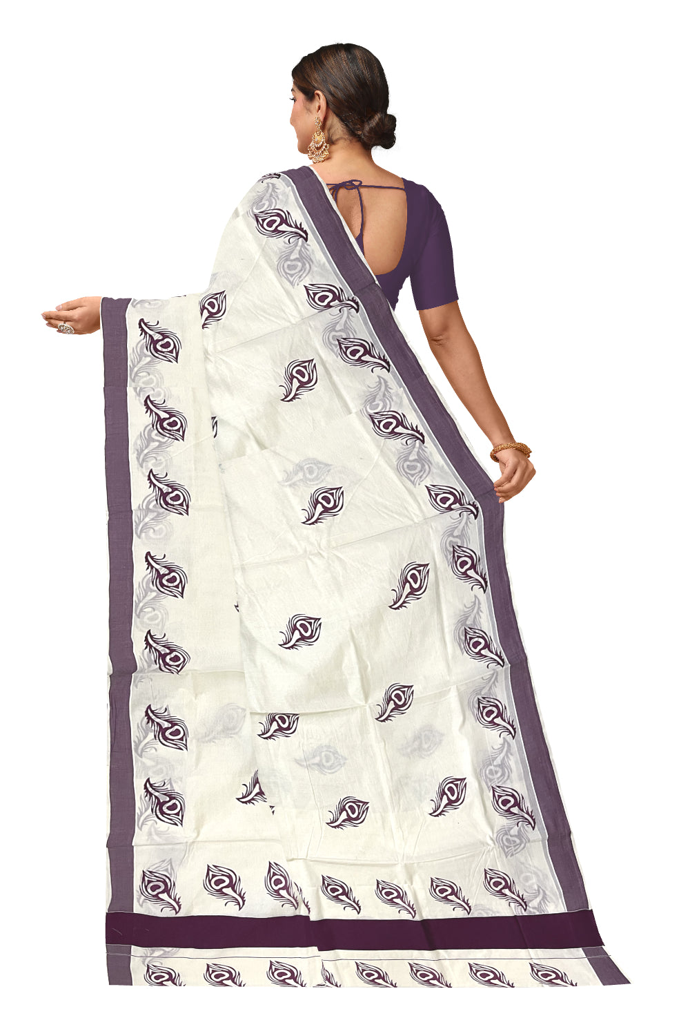 Pure Cotton Kerala Saree with Purple Feather Block Printed Border