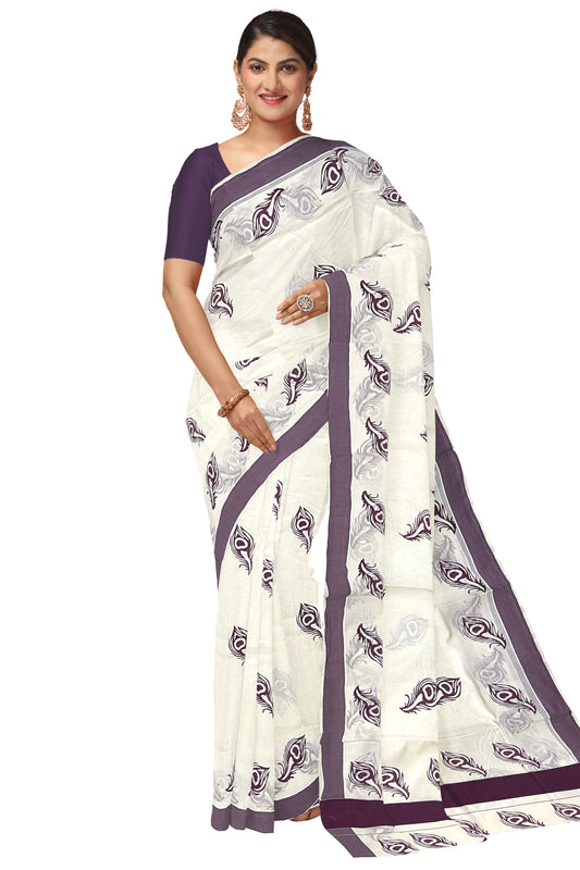 Pure Cotton Kerala Saree with Purple Feather Block Printed Border