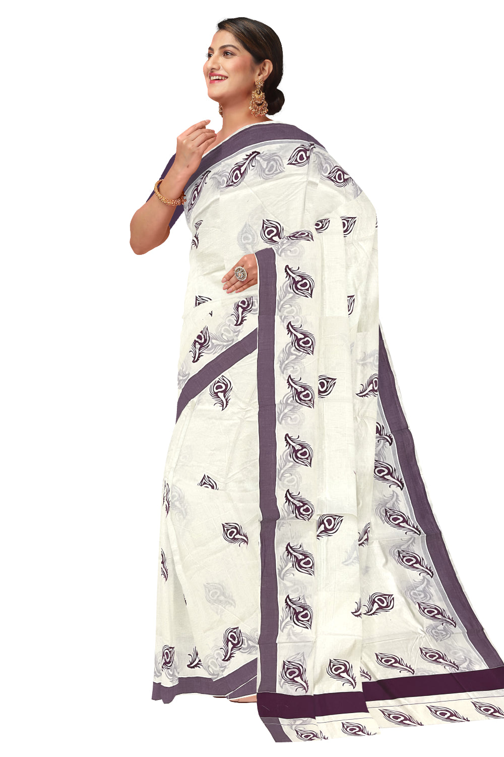 Pure Cotton Kerala Saree with Purple Feather Block Printed Border