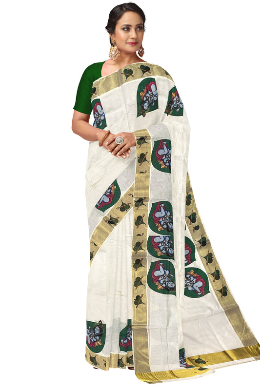 Pure Cotton Kerala Kasavu Saree with Baby Krishna Mural Printed Design