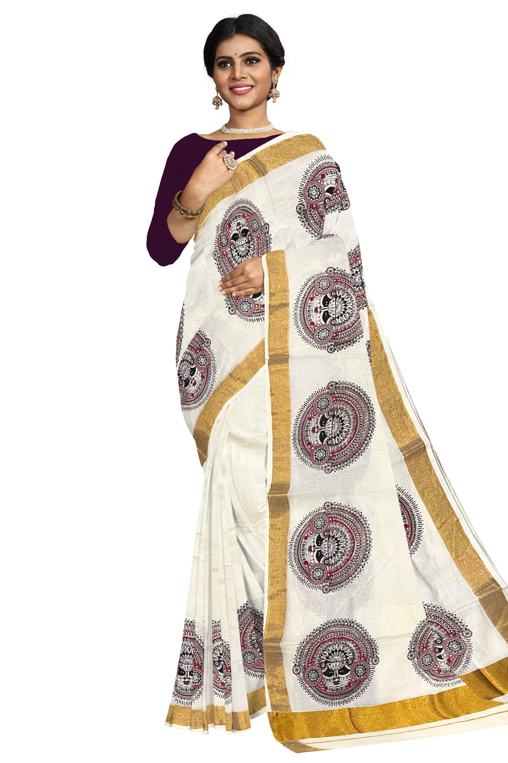 Pure Cotton Kerala Saree with Theyyam Themed Mural Printed Design on Kasavu Border