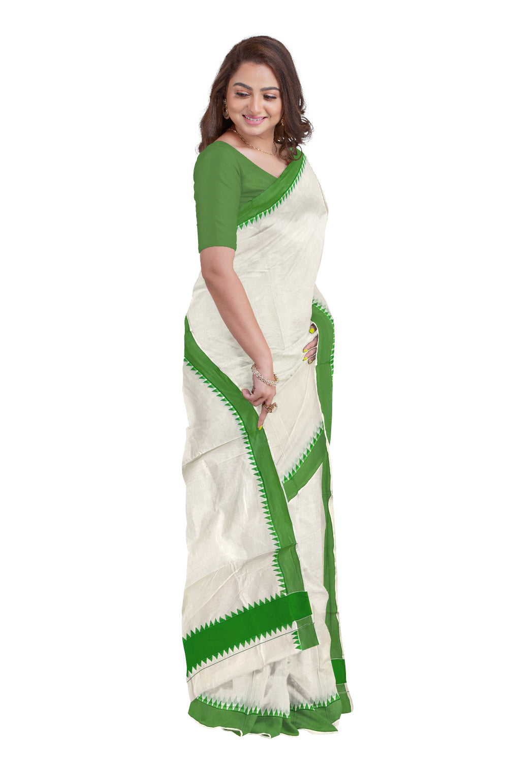 Kerala Pure Cotton Saree with Light Green Temple Block Prints on Border