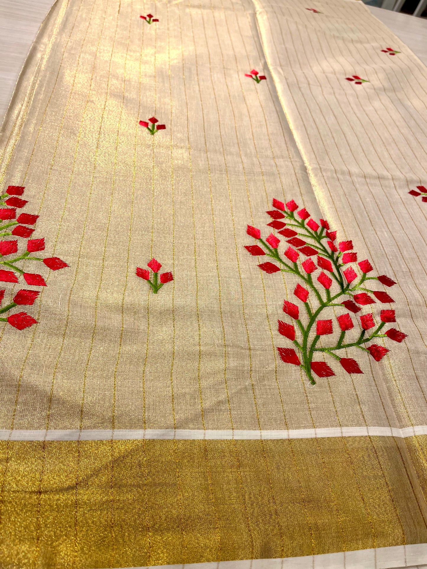 Kerala Tissue Saree With Red & Green Embroidery SL145