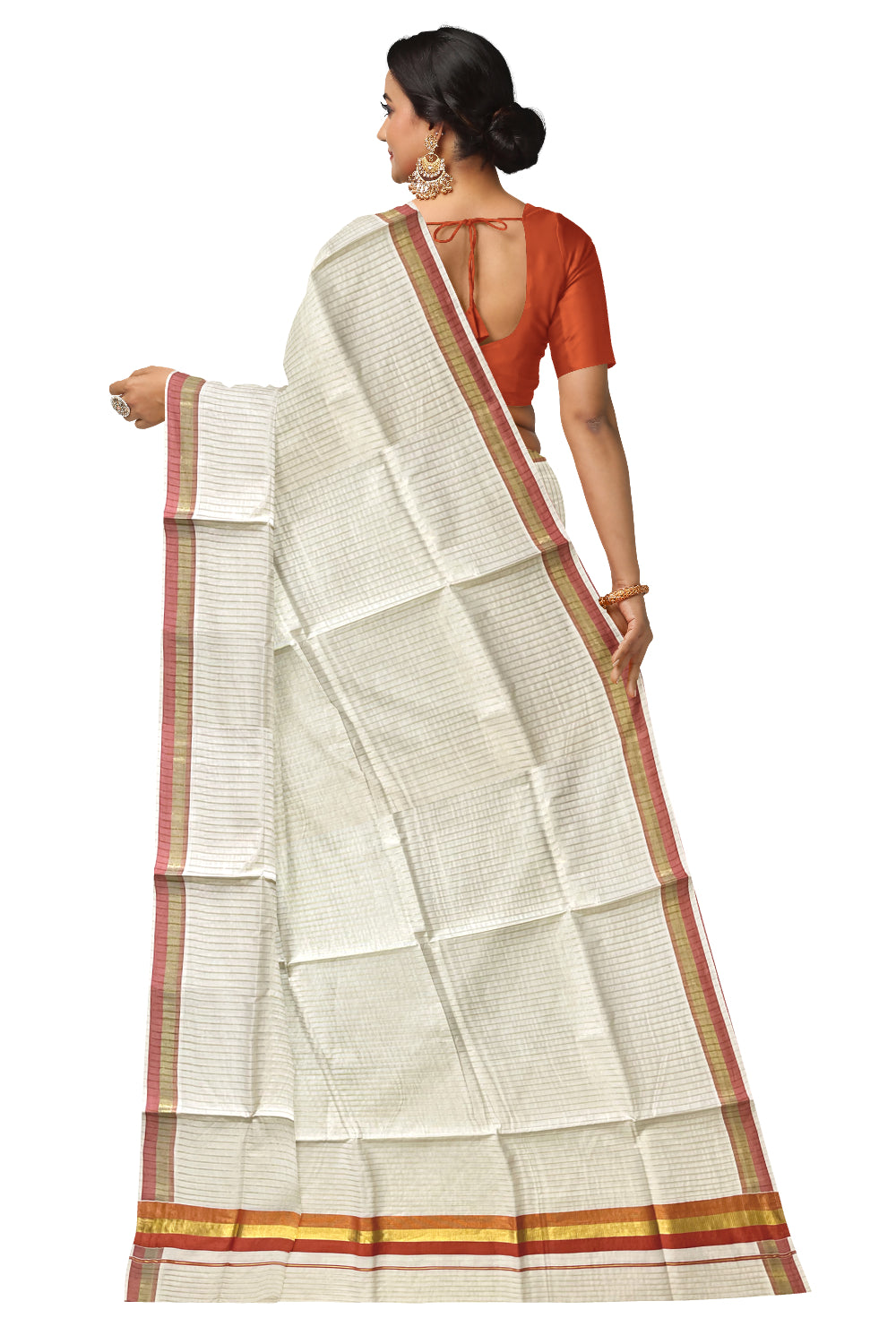 Pure Cotton Kerala Kasavu Lines Design Saree with Orange Border
