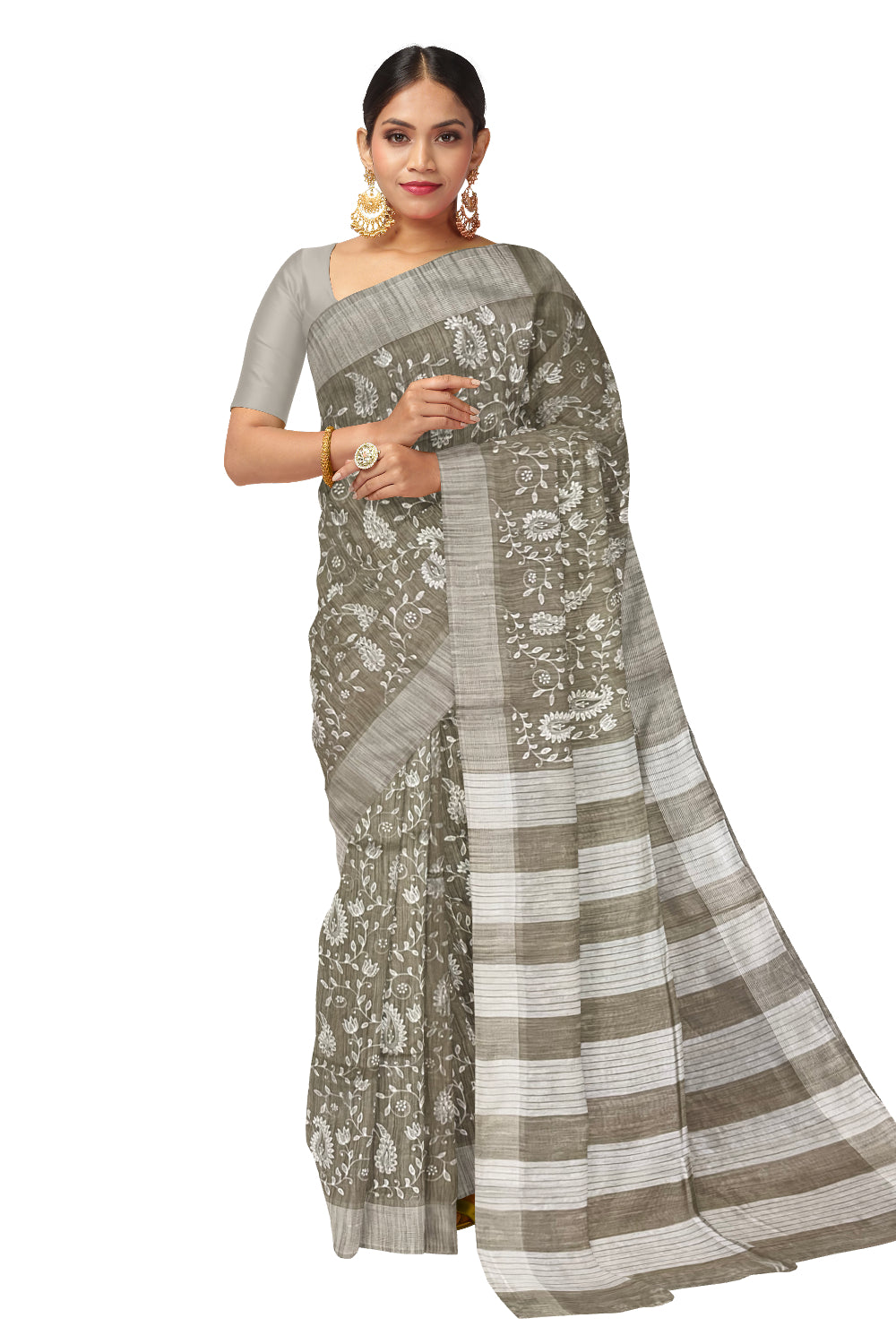 Southloom Cotton Light Brown Designer Saree with Floral Embroidery Work