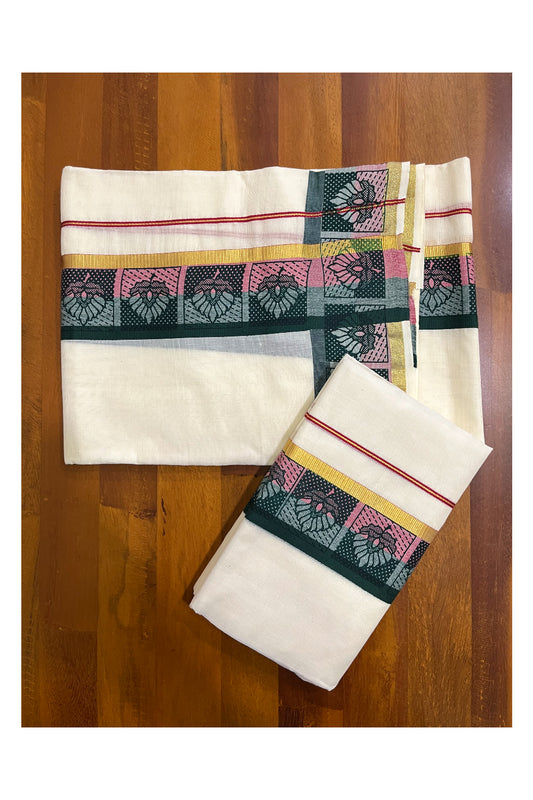 Kerala Cotton Kasavu Single Set Mundu (Mundum Neriyathum) with Pink and Green Kara and Block prints