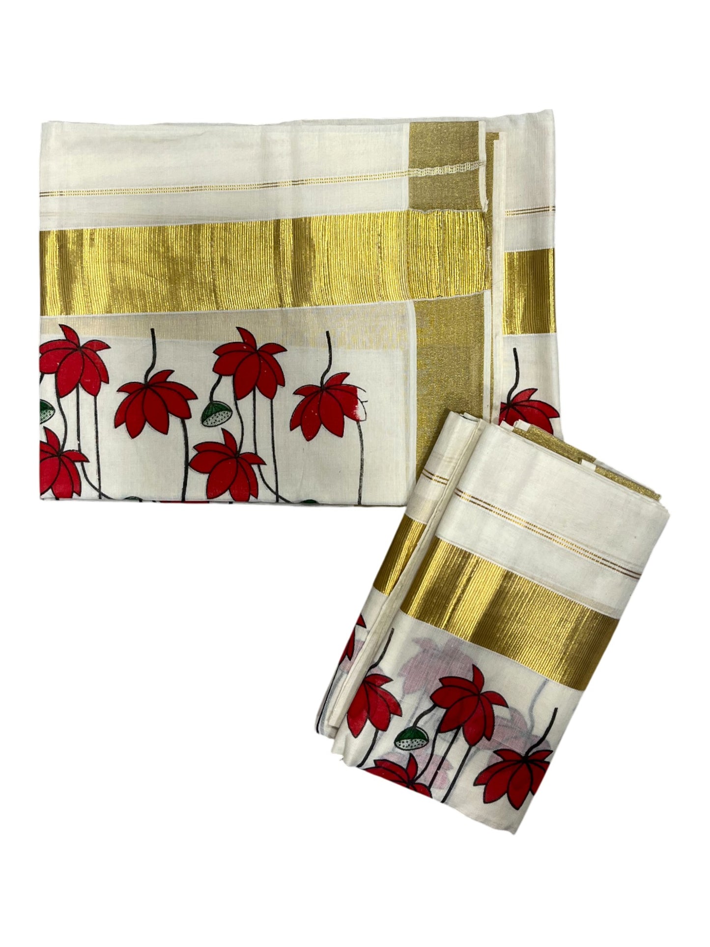 Southloom Kerala Cotton Single Set Mundu (Mundum Neriyathum) with Red Floral Block Printed Design 2.80Mtrs