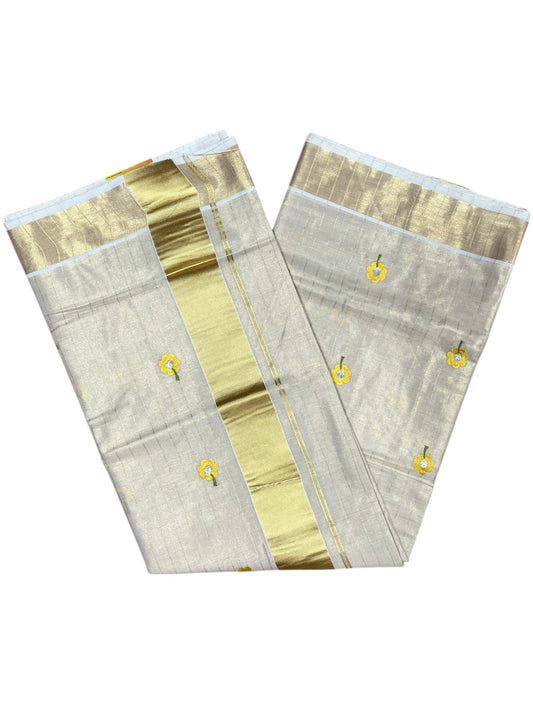 Southloom Kerala Tissue Kasavu Lines Saree with Yellow Floral Embroidery Work on Body