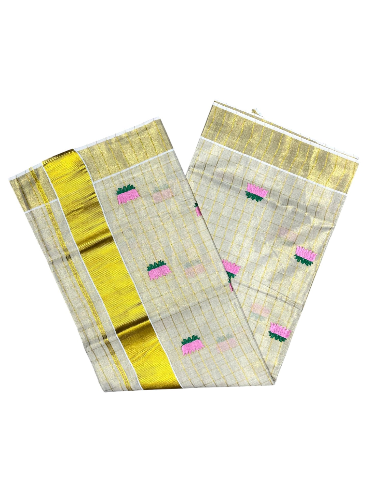 Southloom Kerala Tissue Kasavu Check Saree with Pink And Green Lotus Embroidary Works on Body