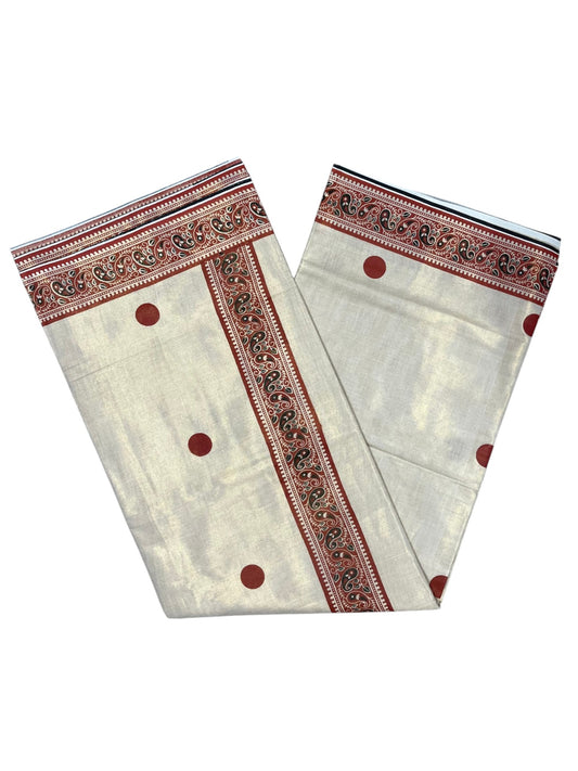 Southloom Kerala Tissue Plain Saree With  Brike Red Polk Dots on Body and Floral Digital Prints in Borders
