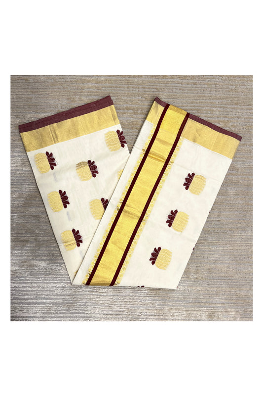 Southloom Premium Cotton Handloom Kerala Kasavu Saree with Woven Lotus Work