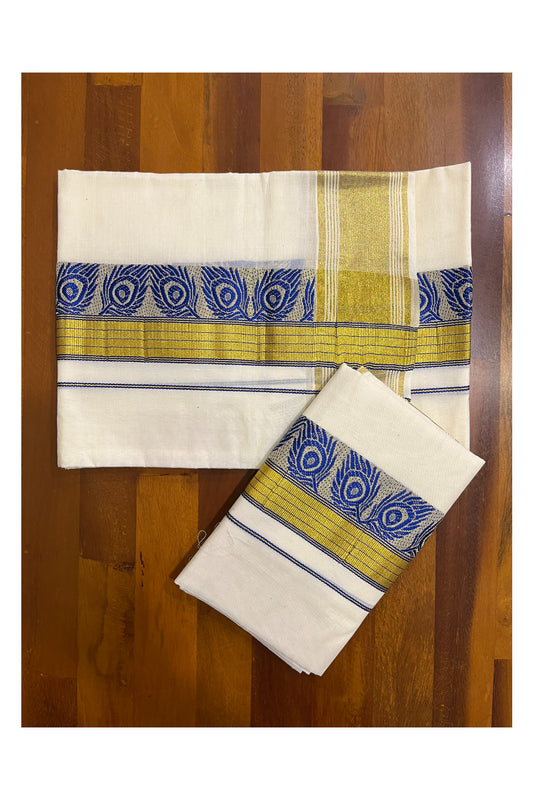 Kerala Pure Cotton Set Mundu Single (Mundum Neriyathum) with Blue Woven Works on Kasavu Border 2.80Mtrs