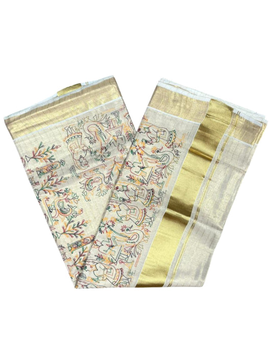 Southloom Tissue Kerala Kasavu Lines Saree with Kantha Embroidery Work on Body SL322