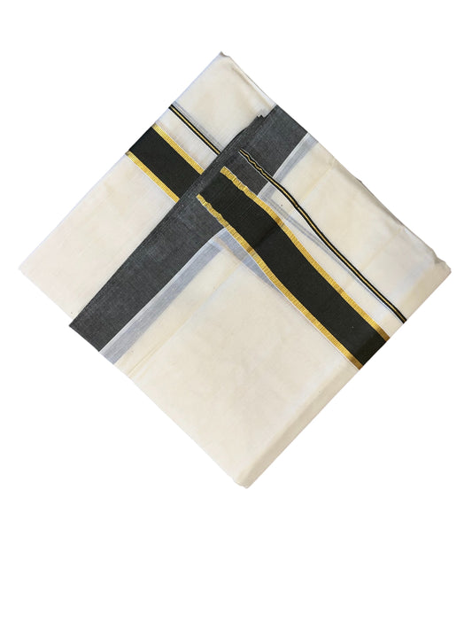 Southloom Pure Cotton Mundu with Gold Kasavu and olive Green Colour Border (South Indian Kerala Dhoti)