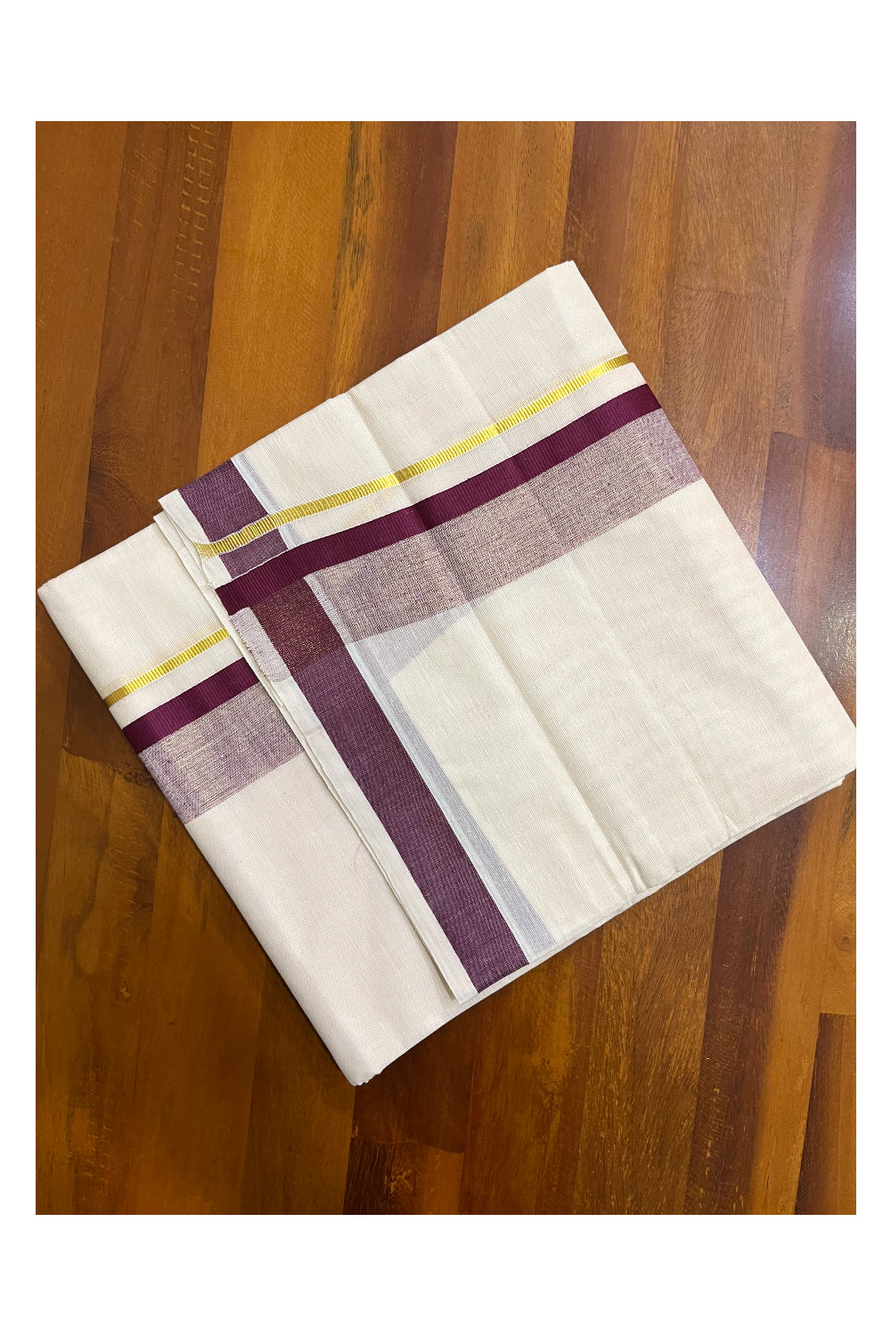 Kerala Pure Cotton Double Mundu with Purple and Kasavu Border (South Indian Kerala Dhoti)