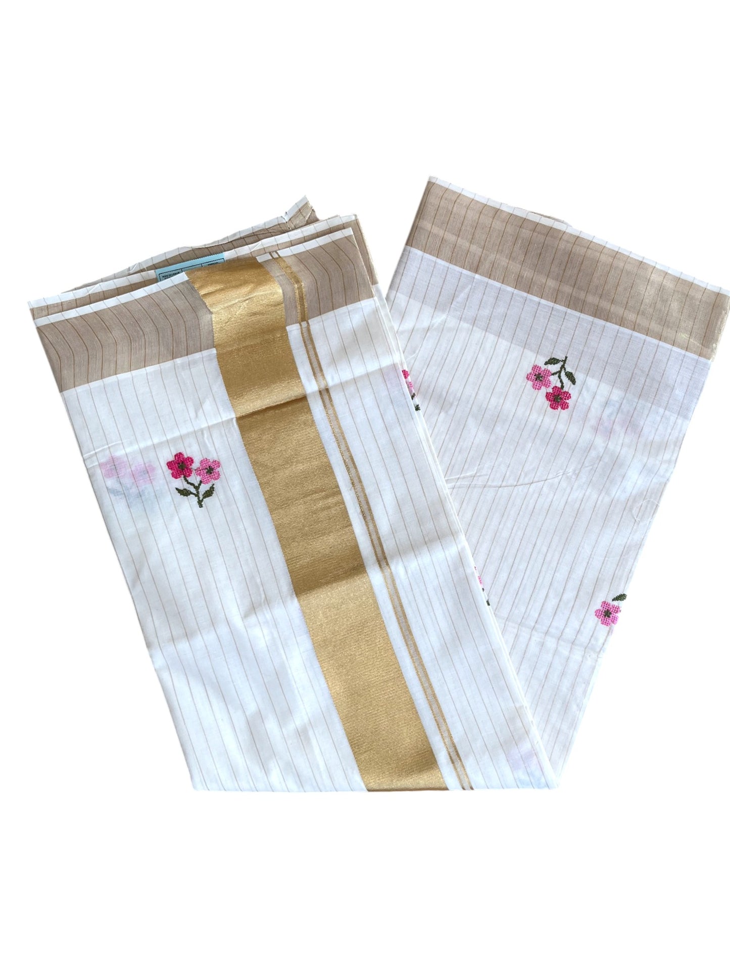 Southloom Kerala Cotton Kasavu Stripes Saree with Pink Floral Embroidery Work