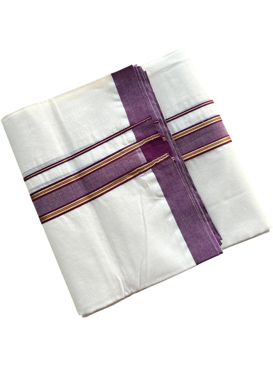 Southloom Pure Cotton Mundu with Golden Lines and Purple Border (South Indian Kerala Dhoti)