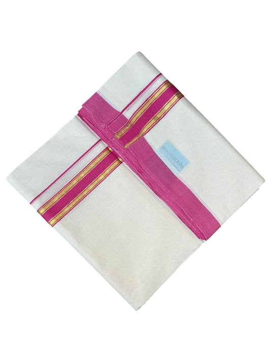 Southloom Pure Cotton Mundu with Golden Lines and Magenta Border (South Indian Kerala Dhoti)