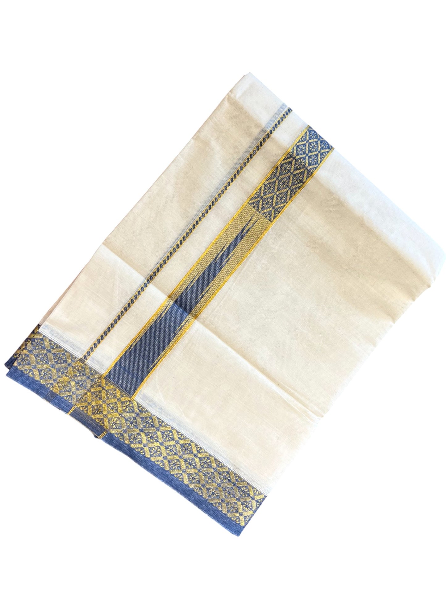 Southloom Kerala Pure Cotton Double Mundu with Kasavu Kara and Blue Border (South Indian Dhoti)