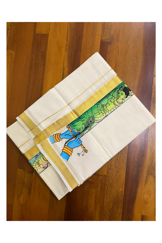 Kerala Pure Cotton Double Mundu with Krishna Mural Hand Painted Design on Kasavu Border (South Indian Kerala Dhoti)