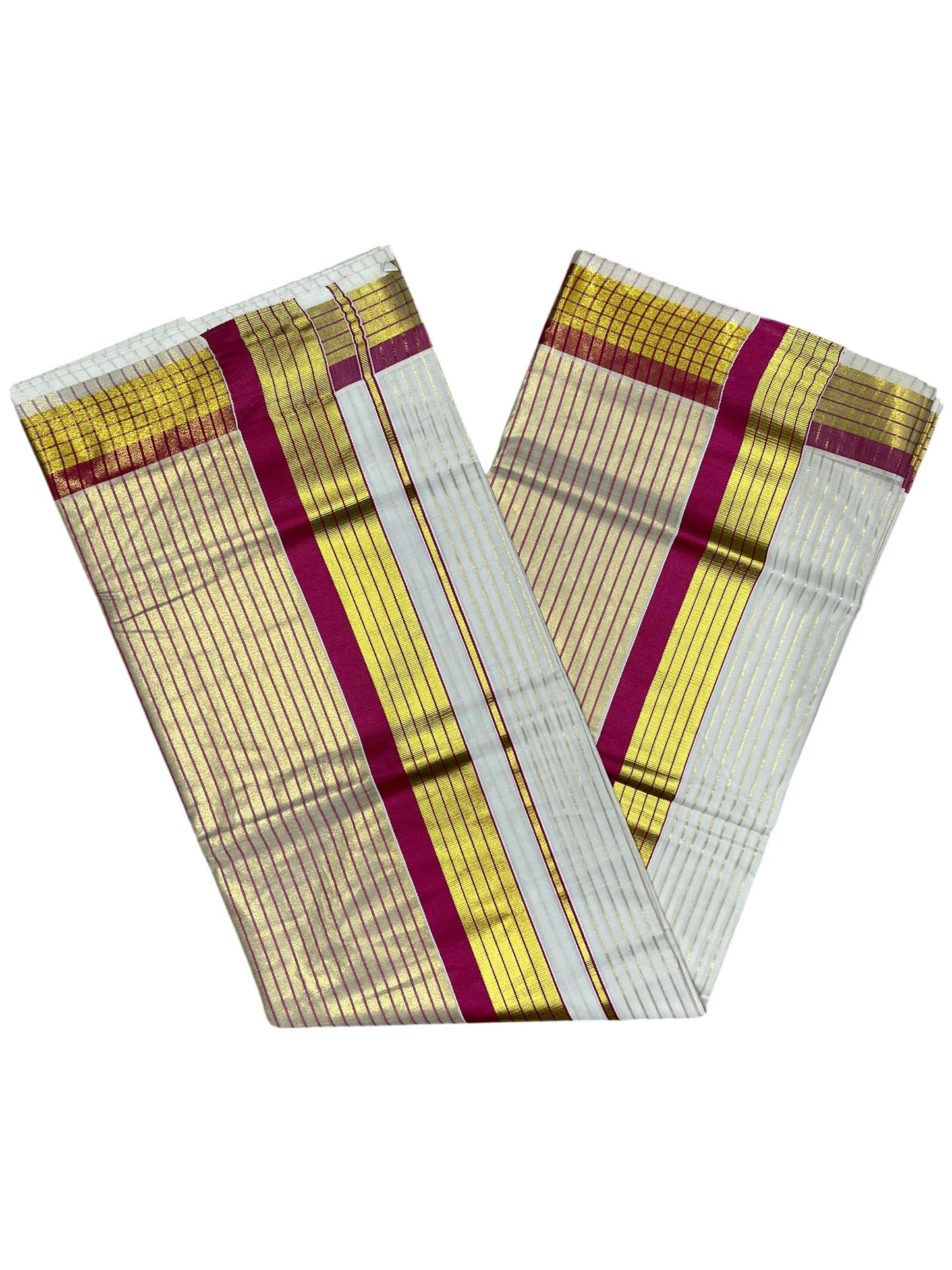 Southloom Kerala Pure Cotton Saree with Stripes on Body and Borders in pink SL334