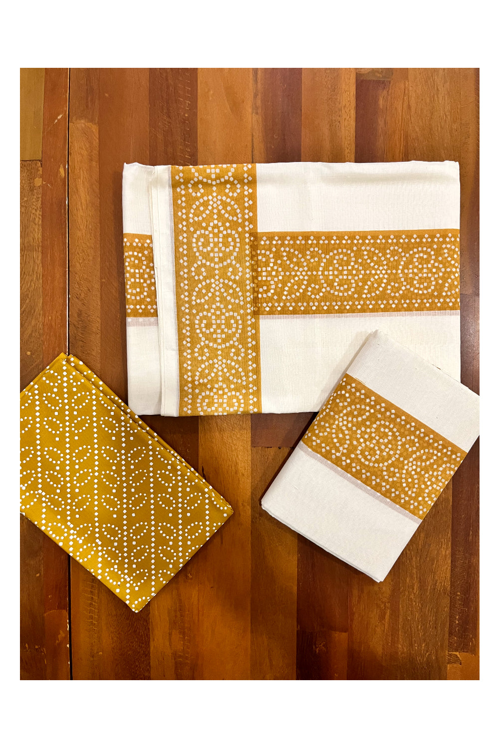 Kerala Cotton Set Mundu (Mundum Neriyathum) with Yellow Block Prints and Seperate Blouse Piece