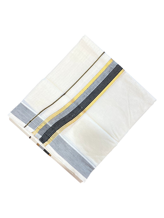 Southloom Pure Cotton Double Mundu With Gold Kasavu & Black& Gray Lines Border (South Indian Kerala Dhoti)