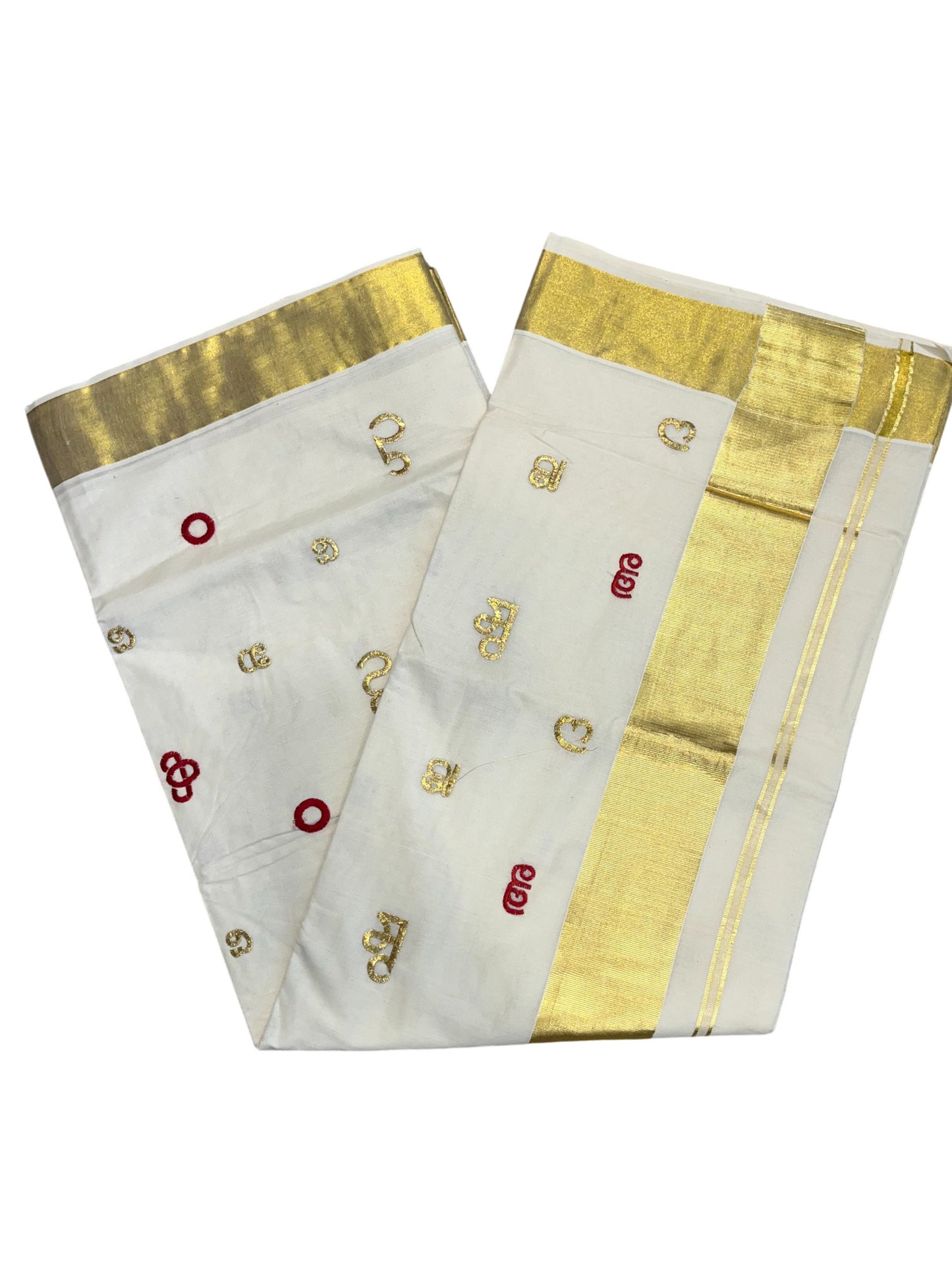 Southloom Kerala Cotton Kasavu Saree with Gold and Red Malayalam Aksharamala Embroidery Work on Body