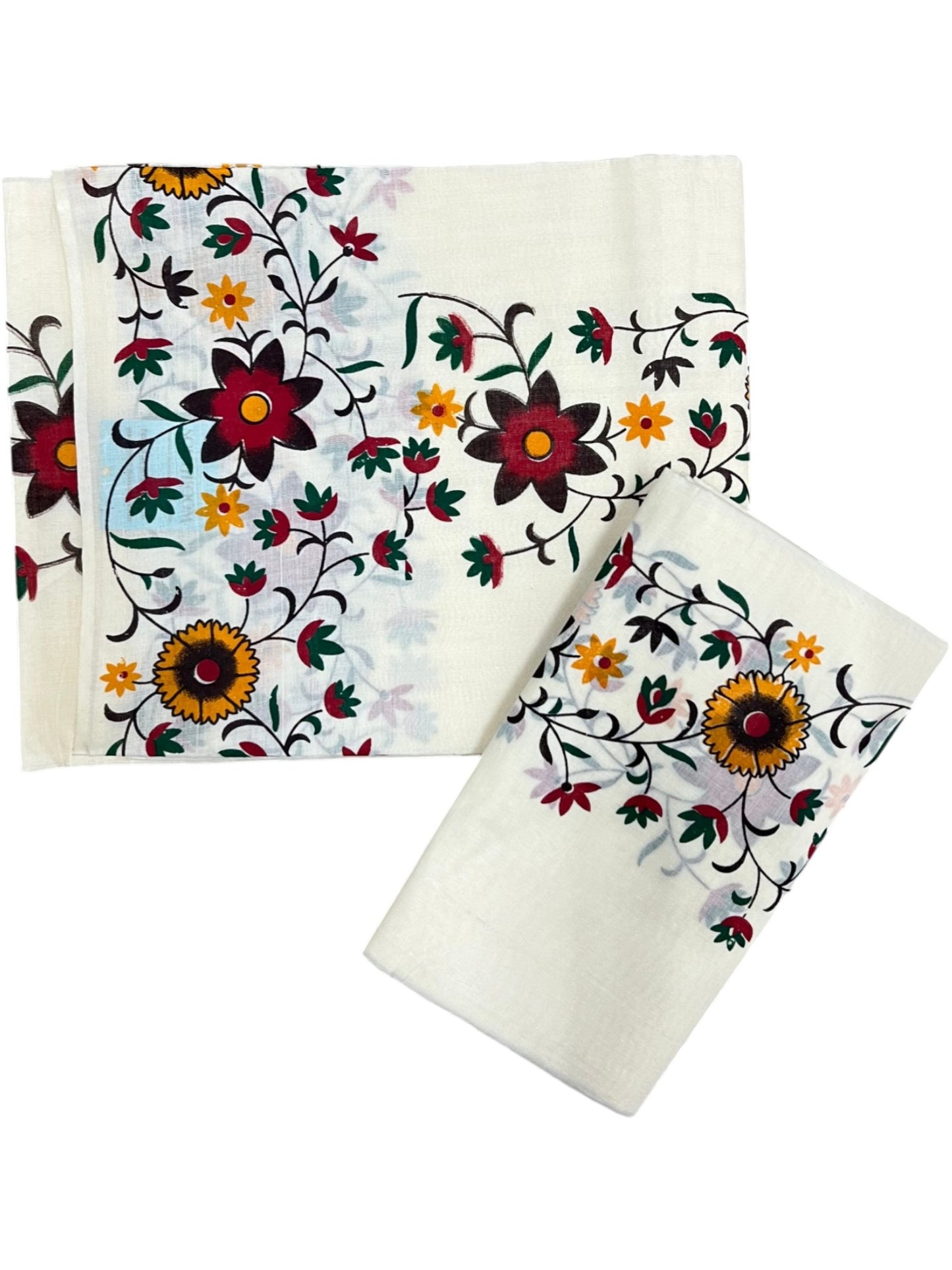 Southloom Cotton Single Set Mundu (Mundu Neriyathum) With Floral Print On Kasavu in 2.80 Mtrs