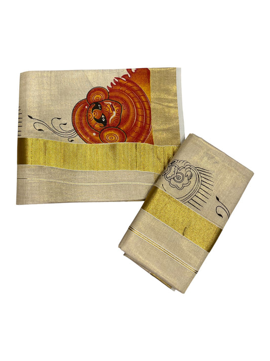 Southloom Kerala Tissue Set Mundu (Mundum Neriyathum) with Theyyam Printed Design