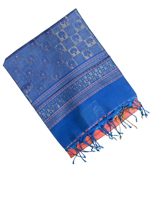 Southloom Pure Handloom Kanchipuram Silk Saree Korvai Zari Work (Blue & Peach)