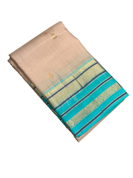 Southloom Pure Handloom Bridal Kanchipuram Silk Saree with Korvai Work(Beige & Blue)