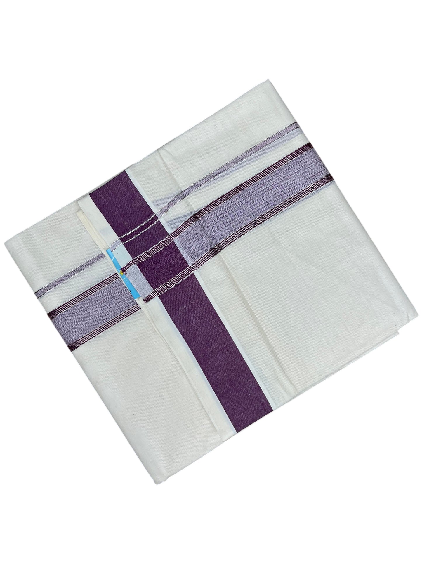 Southloom Kerala Pure Cotton Double Mundu with Silver Lines and Purple Border with (South Indian Dhoti)