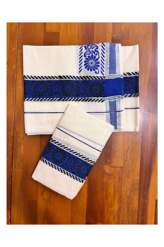 Kerala Pure Cotton Set Mundu Single (Mundum Neriyathum) with Black Block Prints on Blue Border and Silver Kasavu - 2.80Mtrs