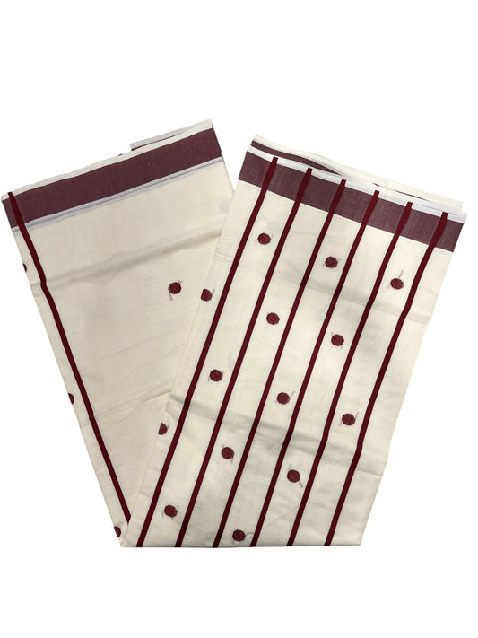 Southloom Kerala Pure Cotton Saree with Maroon Polka Embroidery Works on Body